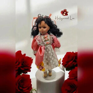 Vintage Rose Collection Black porcelain doll 16 in Floral Dress 1-5000